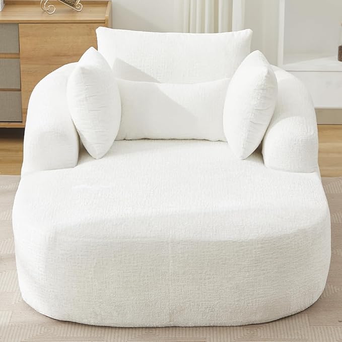Oversized Chaise Longue Chair Indoor Modern Upholstered Chenille Deep Seat Sofa Bed with Throw Pillows and Armrests Sleeper Sofa Couch for Living Room Bedroom Apartment (Beige)