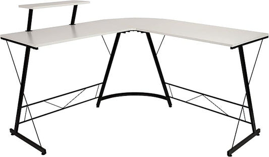 Flash Furniture Ginny Corner Desk - White/Black Space Saving L-Shaped Gaming Desk with Monitor Shelf - 71.5 2-Tier Computer Desk Home Office Desk Easy Assembly