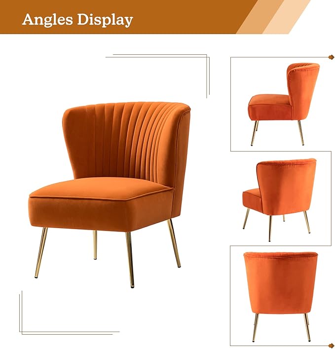 TINA'S HOME Monica Velvet Armless Side Chair Set of 2 Upholstered Accent Chair Comfy Living Room Chair with Golden Legs Wingback Mid Century Slipper Chair for Bedroom Guest Room- Orange