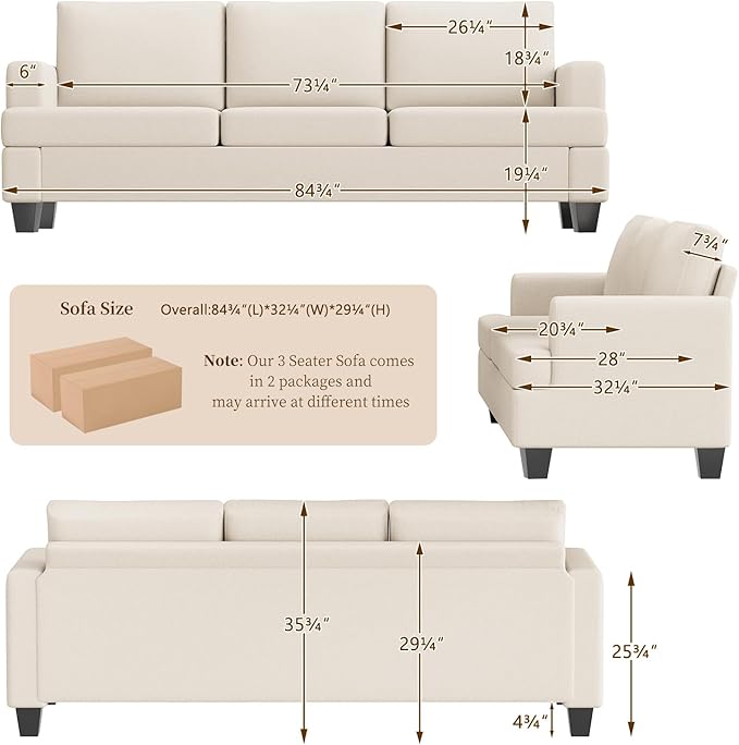Furnimart 85 inch Deep Seat Sofa Modern 3 Seater Couch Beige Linen Sofa Comfy Cloud Couch for Living Room Cozy Fluffy Sofas with Removable Sofa Cover Small Couches for Small Spaces
