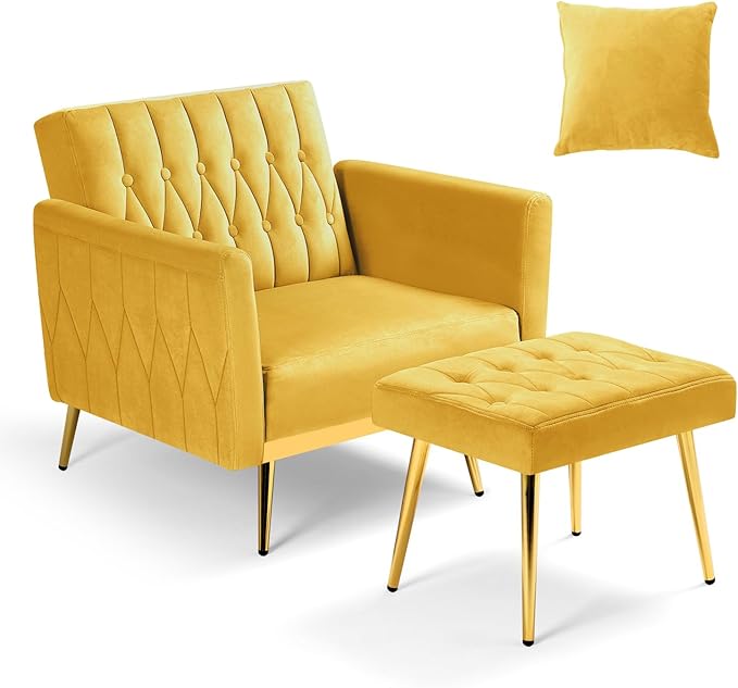 Velvet Accent Chair w/Adjustable Armrests and Backrest Button Tufted Lounge Chair Single Recliner Armchair with Ottoman and Pillow for Living Room BedroomYellow