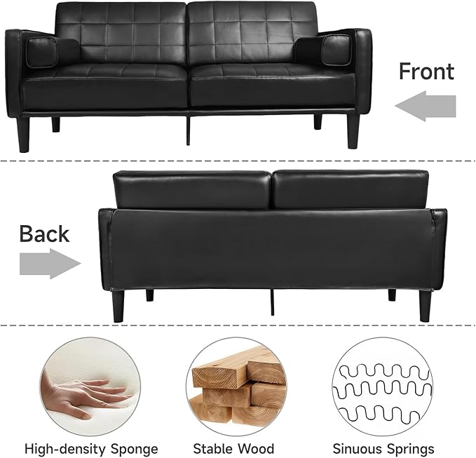 70” Mid-Century Modern Couch Breathable Faux Leather Couch with Upholstered Cushions/Pillows Loveseat Sofas &amp Couches for Living Room (Black)