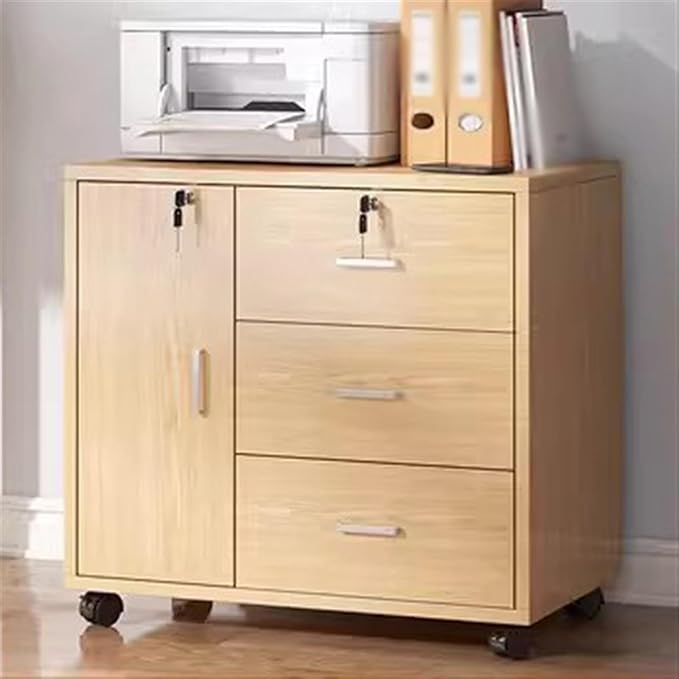 File Cabinet Filing Cabinet Wooden Low Cabinet Three Drawers with One Storage Cabinet Filing Cabinet Lockable Storage Office Filing with Removable Rollers Archive Cabinet(Color:Log color)