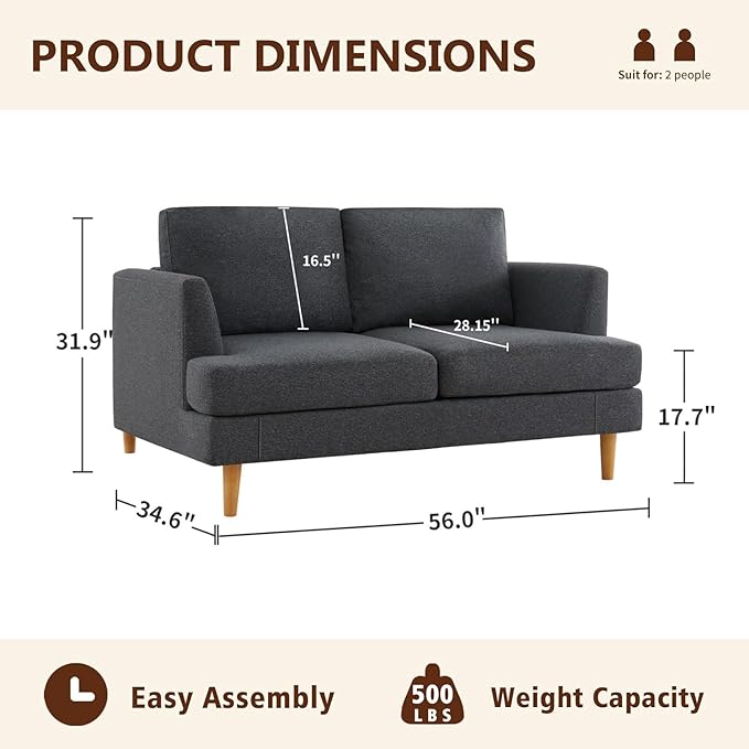 Loveseat Sofa 56 Mid Century Modern Small Couches for Small Spaces Love Seat with 2-Seat Upholstered Cushion Sofa Couches for Bedroom Living Room Apartment (Dark Grey)