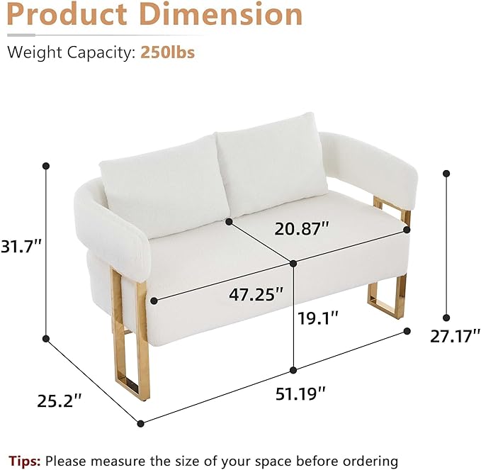 Teddy Fabric Accent Chair Modern Side Chair with Gold Metal Legs 51 Inch Wide Upholstered Loveseat for Living Room Dressing Area Office (White+Gold)
