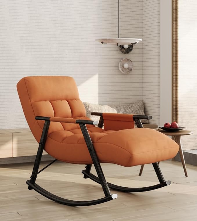 Rocking Chair Rocking Chair with Adjustable High Back and Side Pocket Rocking Accent Armchair for Living Room Bedroom Balcony Offices Orange