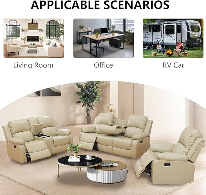 Faux Leather Manual Recliner Sofa Set Luxury Recliner Couch Set in 2 Piece Living Room Furniture Sets Reclining Sofa Loveseat with Cup Holders/Storage for Living Room/Office/RV Car Beige