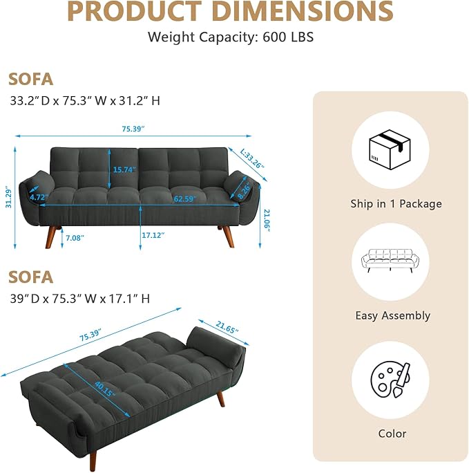75 Convertible Futon Sofa Bed Sleeper Couch Bed with Adjustable Backrest Small Couches for Small Spaces Living Room Bedroom and Office (Dark Gray)