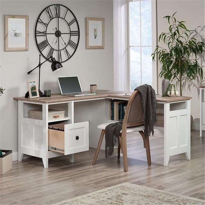 Pemberly Row L-Shaped Engineered Wood Computer Desk Glacier White Finish File Drawer Grommet Holes Cord Management Lower Shelf Modern Farmhouse Home Office Desk