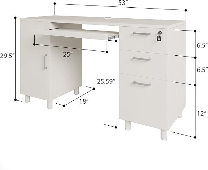 Modern Design Venice Computer Office Desk with 3 Locking Drawers and Storage Cabinet 53 Inch Home and Office Executive White Desk with Keyboard Tray by Crafts and Comfort