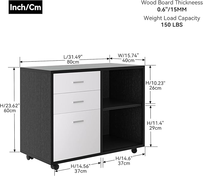 Generic 32'' Wide 3 Drawer Mobile Lateral Filing CabinetBlack Oak and Grey File Cabinet with Printer Stand for Home Office