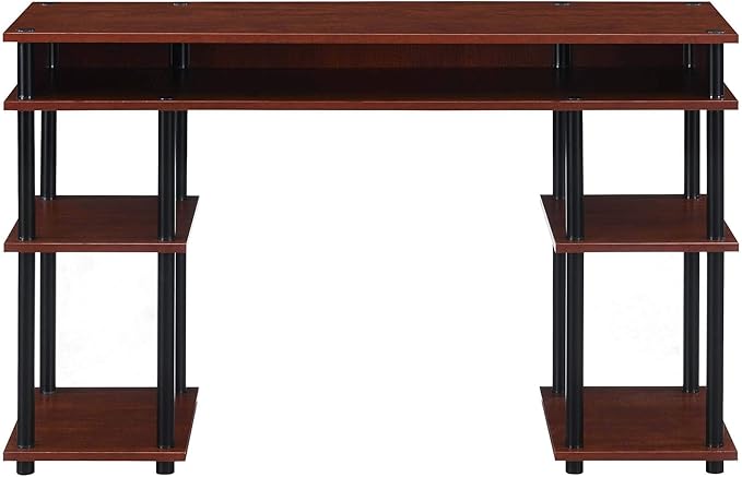 Pemberly Row No-Tools Student Desk Cherry Wood Finish 47.25 x 15.75 x 30 in Particleboard Shelves Black Powder-Coated Steel Poles Multiple Storage Shelves Easy Assembly Home Office or Dorm Desk
