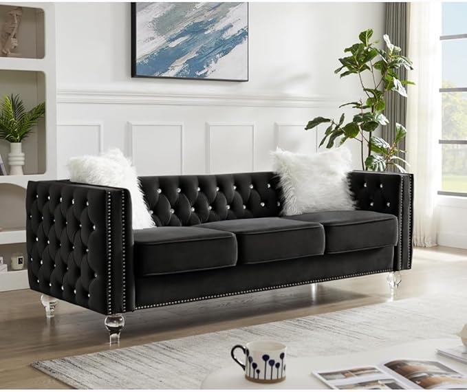 i-POOK 83 W 3 Seat Velvet Couch Chesterfield Sofa with 2 Plush Pillows Crystal Legs and Nailhead Trim Arms Button Tufted Black Couch for Living Room Office Guests Room