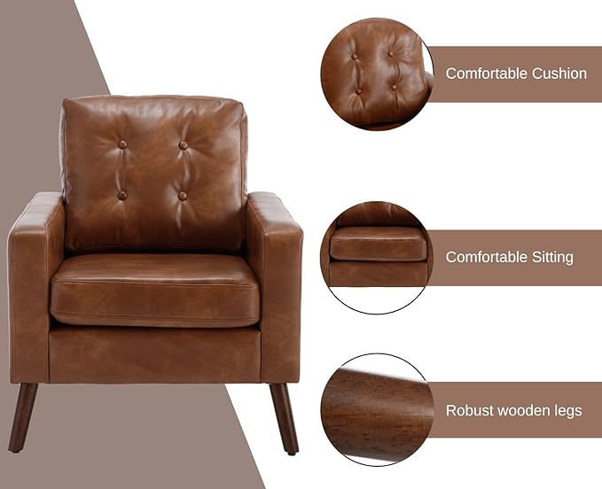 Wahson Office Chairs PU Accent Arm Chair with Tufted Back Faux Leather Comfy Upholstered Single Sofa Mid Century Modern Side Club Chair with Wood Legs for Reading/Living Room/Bedroom Caramel