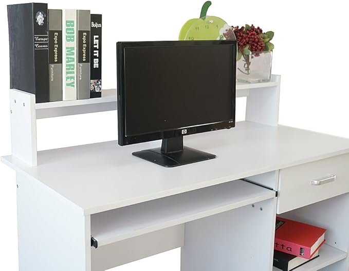 Computer Desk - 43” Gaming Desk Home Office Desk with Storage Small Desk with Monitor Stand Writing Desk for 2 Monitors Study Table with Drawer and Keyboard Tray White