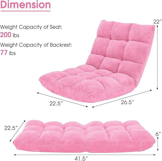 Moccha 14-Position Floor Chair Folding Sofa Chair with Back Support Memory Foam Floor Gaming Chairs for Adults Adjustable Padded Couch Recliner Sleeper Bed for Reading Meditating Pink