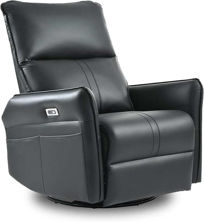 cinkehome Power Swivel Rocker Recliner with USB Overstuffed Electric Reclining Chair Faux Leather Rocker Recliner for Nursery Living Room Black