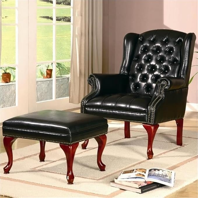 Stonecroft Furniture Tufted Faux Leather Arm Chair and Ottoman Black Upholstery Wingback Design with Nailhead Trim Espresso-Finished Legs Traditional Style for Living Room or Study