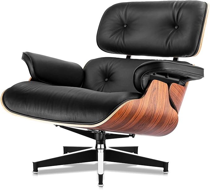 Top Black Grain Leather Mid Century Chaise Lounge Chair and Ottoman Modern Chair Classic Design Palisander Wood Heavy Duty Base Support for Living Room Office