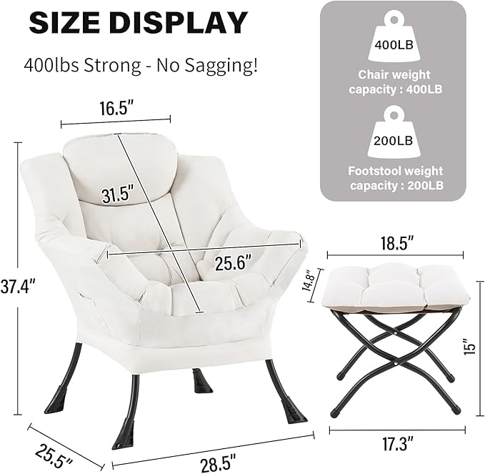 Tiita Lazy Chair with Ottoman Beige Modern Large Accent Chair Comfy Leisure Sofa Armchair with Ottoman Reading Chair with Footrest for Bedroom Living Room Dorm Rooms Beige