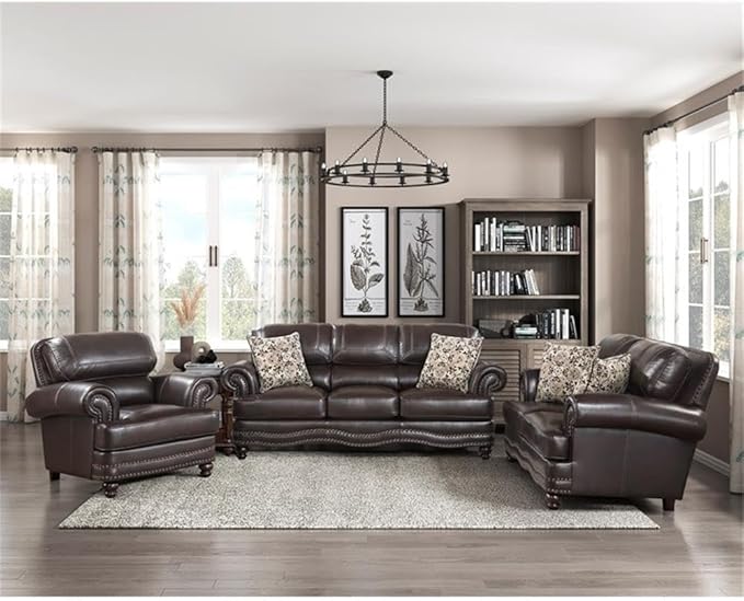 Pemberly Row Breathable Faux Leather Upholstered Sofa Brown Finish Solid Wood Frame High-Density Foam Padding Nailhead Trim Decorative Pillows Espresso Wood Feet Traditional Living Room Seating