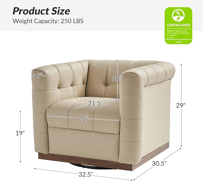 HULALA HOME Genuine Leather Swivel Accent Chair with Wooden Base Mid Century Modern Square Accent Chair for Living Room Bedroom Club Beige