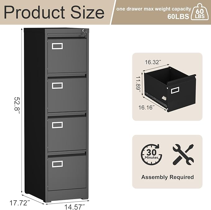 Black Metal 4-Drawer Vertical File Cabinet - Lockable Durable Full-Extension Drawers for Office Storage