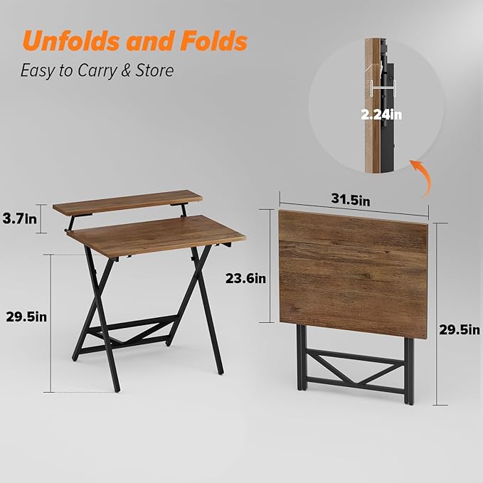 WOHOMO Folding Computer Desk with Adjustable Height 23.6 x 31.5 x 25.6 Foldable Table with Monitor Stand Small Office Desk for Bedroom Space Saving Desk for Home Office Easy Assemble Walnut