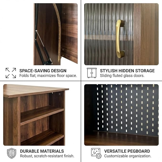 Hidden Desk Fold Out Desk with Storage - Craft Storage Cabinet &amp Fold Out Table for Home Office Bedroom Dorm Apartment | Anti-Tip Sliding Glass Doors Open Shelves &amp PegboardWalnut