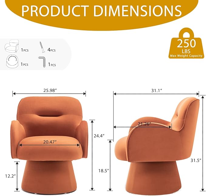 Swivel Chair with Armrest Modern Velvet Barrel Chairs with Curve Back Soft Cushion Comfy Accent Round Armchair Single Sofa for Living Room Bedroom Orange
