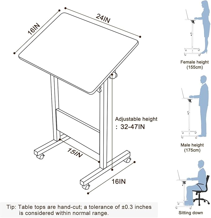 KOUPA Adjustable Height Standing Desk Writable Tempered Glass Desktop with Eraser 360° Flip Wheels – Ideal for Small Spaces and Home Offices 24 in White(Adjustable Height: 32-47 in)