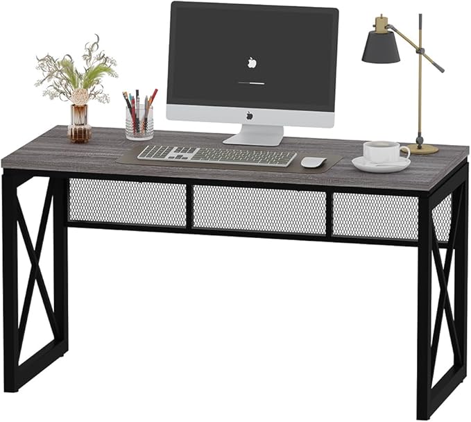BON AUGURE Industrial Computer Desk Rustic Wood Desks for Home Office Sturdy Metal Writing Work Table (60 Inch Dark Grey Oak)