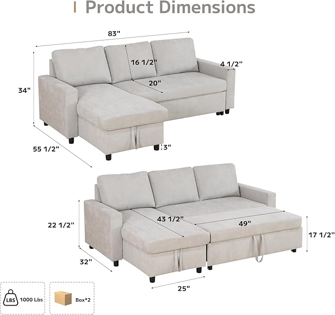 L-Shaped Sleeper Sofa with Chaise Lounge &amp Storage Pull-Out Couch Bed with Recliner Full Size Futon for Living Room Office Apartment Beige