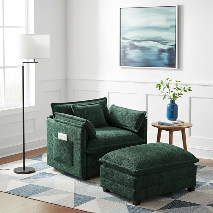 Accent Chair Comfy Oversized Sofa Sleeper Chair with Ottoman Modern Deep Seat Single Sofa Couch for Living Room Bedroom Study Balcony (Chenille Dark Green)