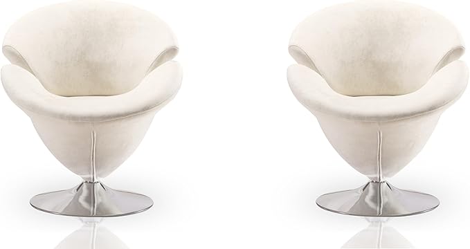 Manhattan Comfort Tulip Swivel Accent Chair Set of 2 with 360° Turn Modern Flower Inspired Design Soft Velvet Upholstery Polished Chrome Base No Assembly Required 300 Lbs Capacity White