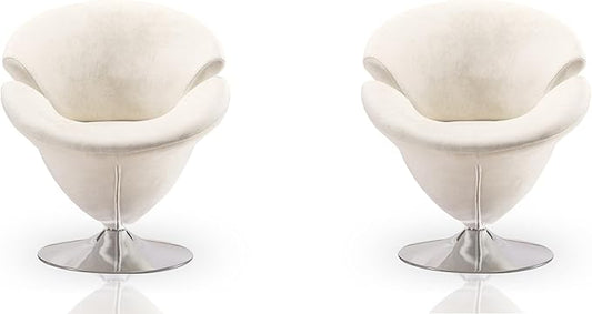 Manhattan Comfort Tulip Swivel Accent Chair Set of 2 with 360° Turn Modern Flower Inspired Design Soft Velvet Upholstery Polished Chrome Base No Assembly Required 300 Lbs Capacity White