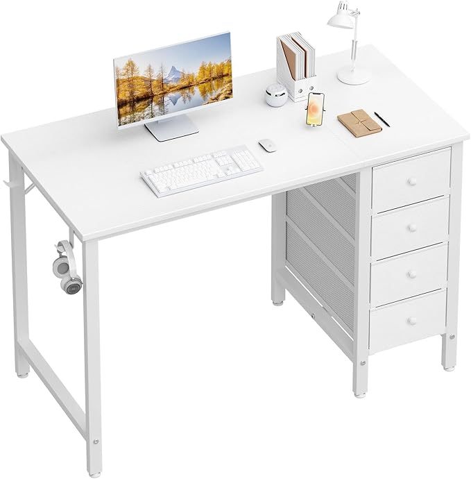Lufeiya Small White Desk with Drawers for Bedroom 40 Inch Kids Girls Study Desks Reversible Computer Writing Nail Table with Fabric Drawer for Small Spaces Home Office Manicure