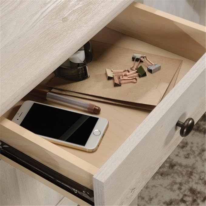 Pemberly Row L-Shaped Engineered Wood Desk Chalked Chestnut Finish 59 in Wide Built-in File Drawer Cord Management Lower Shelf Storage Home Office Executive Desk for Work or Study Use