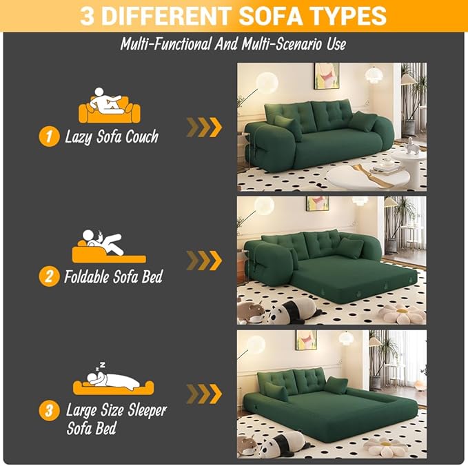 79 Modern Green Teddy Convertible Futon Couch Sofa Bed 3 in 1 Pull Out Memory Sleeper Cloud Sofas Double Full Size Boneless Love Seat Beds for Living Room Dorm ApartmentBedroom (Green)