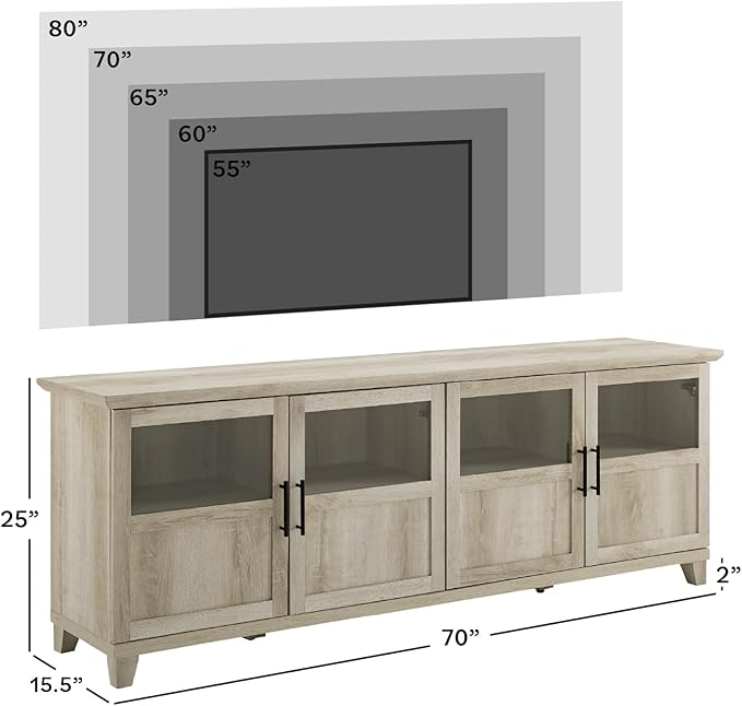 Walker Edison Farmhouse Glass and Wood TV Stand for TV's up to 80 Universal TV Stand for Flat Screen Living Room Storage Cabinets and Shelves Entertainment Center 70 Inch White Oak