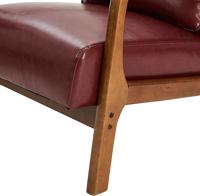 Glitzhome 30.75 H Mid Century Red Accent Armchair Single Reading Armchair PU Leather Lounge Chair with Walnut Ruberwood Frame