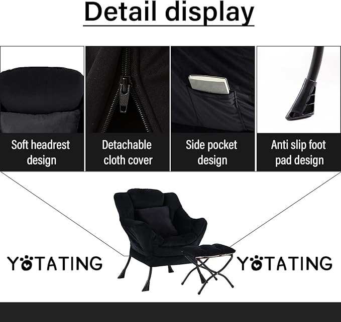 Lazy Chair with Ottoman Comfy Reading Lounge Chair with Footstool &amp Throw Pillow Modern with Armrests &amp Side Pocket for Living Room Bedroom Dorm Room Velvet Black