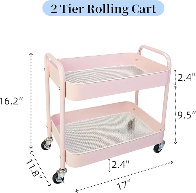 2 Tier Pink Rolling Cart with Wheels for Under Desk Storage Large Capacity Rolling Pantry &amp Kitchen Storage Cart for Small Space Sturdy Metal Bathroom Shelf Laundry Room Organization