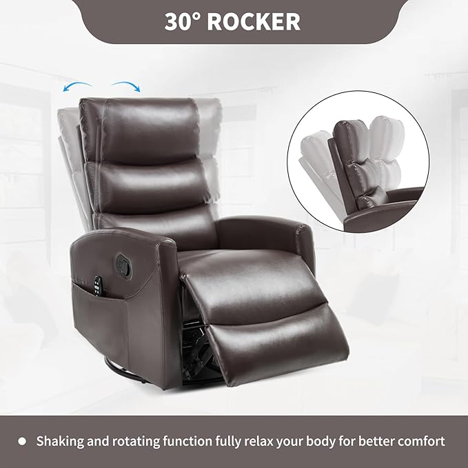 Swivel Recliner with Heat and Massage Rocker Recliner Chair for Living RoomGlider Recliner Nursery Chair with Black Metal Base/Adjustable Backrest and Footrest (PU Leather Brown)