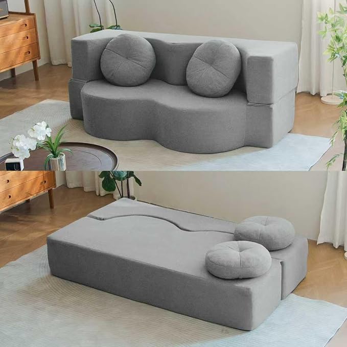 2-in-1 Convertible Folding Sofa Bed Sleeper Sofa with Pillow Teddy Fabric High-Density Foam Floor Mattress Sleeper for Living Room Guest Use Office Apartment No Assembly Required (Grey)