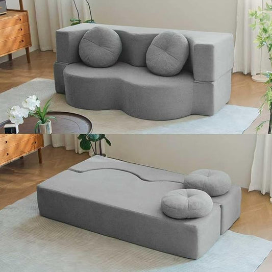 2-in-1 Convertible Folding Sofa Bed Sleeper Sofa with Pillow Teddy Fabric High-Density Foam Floor Mattress Sleeper for Living Room Guest Use Office Apartment No Assembly Required (Grey)