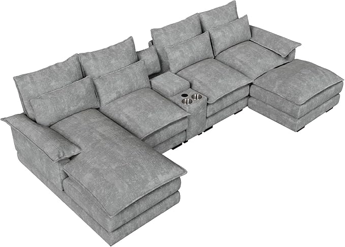 OUYESSIR 135 U Shaped Sectional Cloud CouchGrey Sectional Couches for Living RoomComfy Fluffy Chenille Oversized Cloud CouchModular Sectional Sofa with Central Console &amp Double Chaise Lounge
