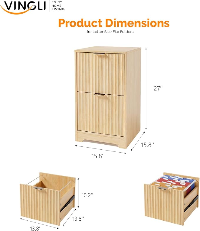 VINGLI 2 Drawer File Cabinet Home Office Filing Organizer for Letter Size File Folder Storage Modern Style Fluted Design Wood Vertical Filing Cabinet Printer Stand Archivador (Oak)