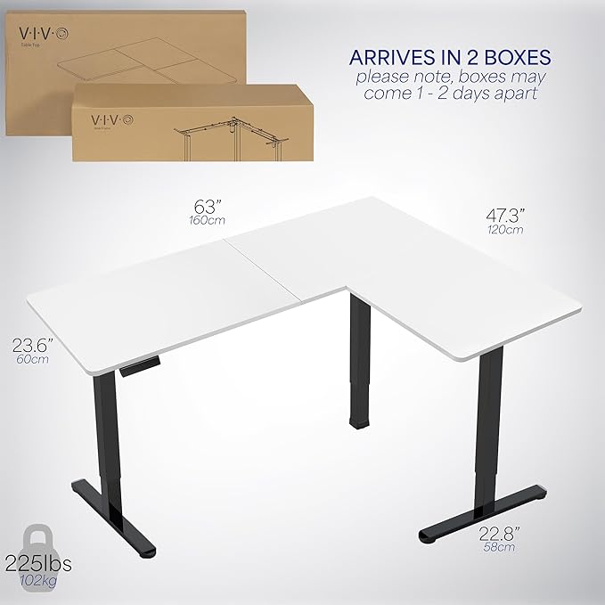 VIVO Corner Standing Desk 63 x 47 inch Reversible L-Shaped Workstation Electric Height Adjustment Home Office and Reception Rooms White Table Top Black Frame DESK-E3CTBW-47