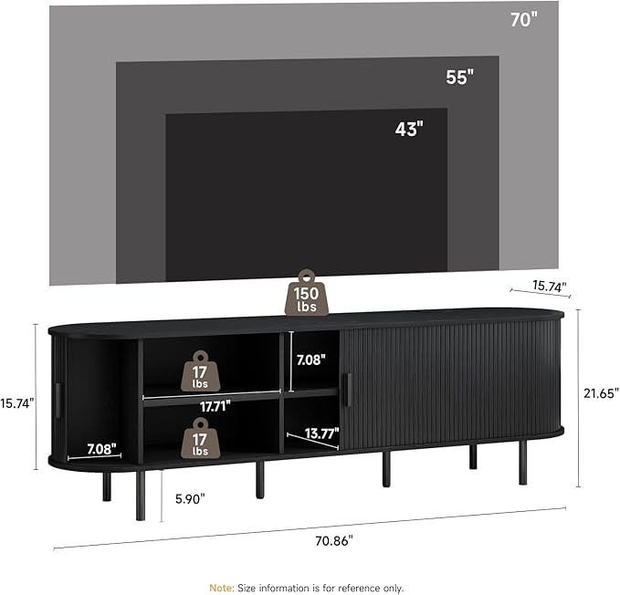 70.8 TV Stand with Power Outlet Mid-Century Modern Television Stand Fluted Media Console with Sliding Doors Entertainment Center for TVs up to 60 Inch Adjustable Shelves Black